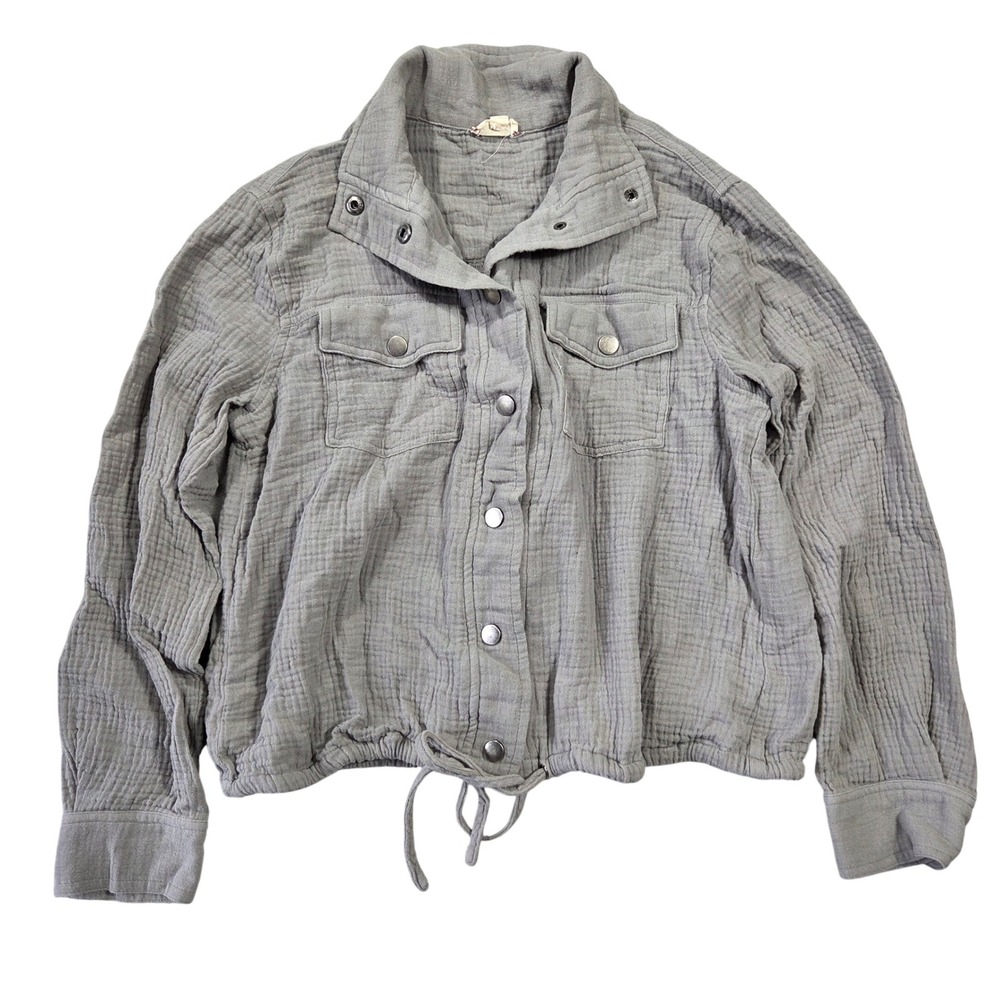 Hem & Thread Grey Double Gauze Cotton Utility Jacket Snap Front Drawstring Small